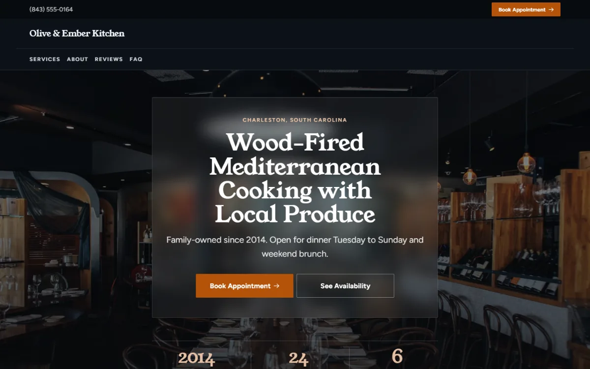 Dark restaurant website template: dark mode throughout, with a glass card over the photo