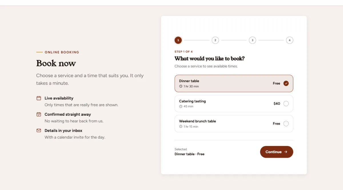 Online booking form on the Professional restaurant website template: customers choose a service, then a free time