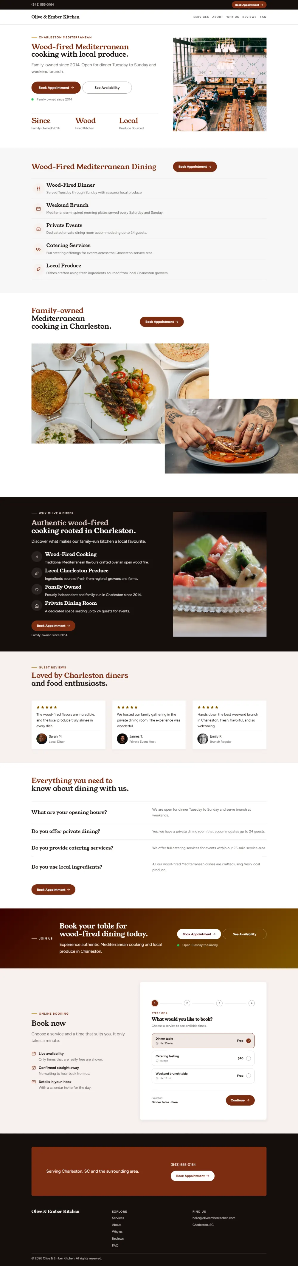 Professional restaurant website template, the whole home page: clean and structured, with a photo beside the headline