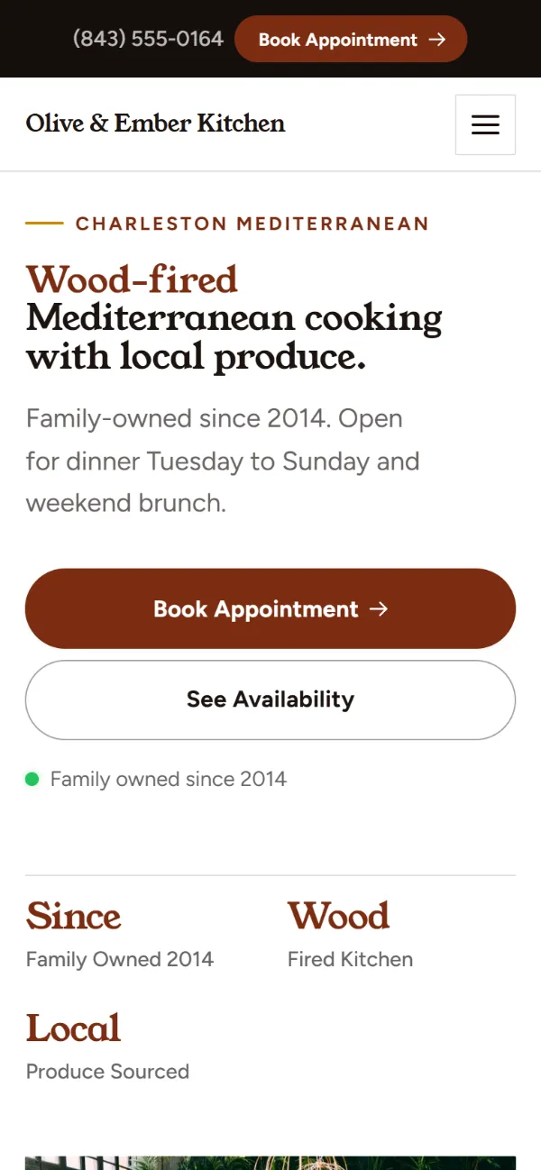 Professional restaurant website template on a phone: clean and structured, with a photo beside the headline