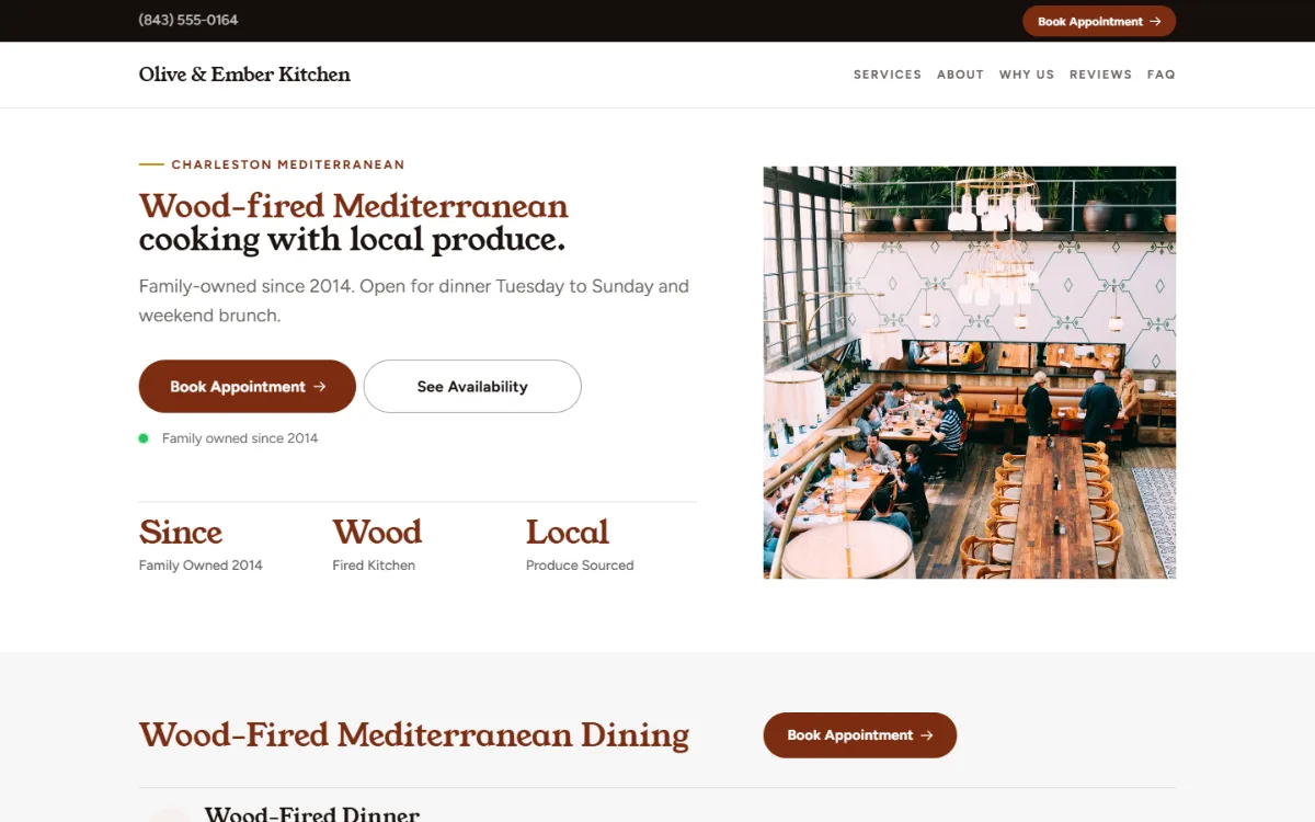 Professional restaurant website template: clean and structured, with a photo beside the headline