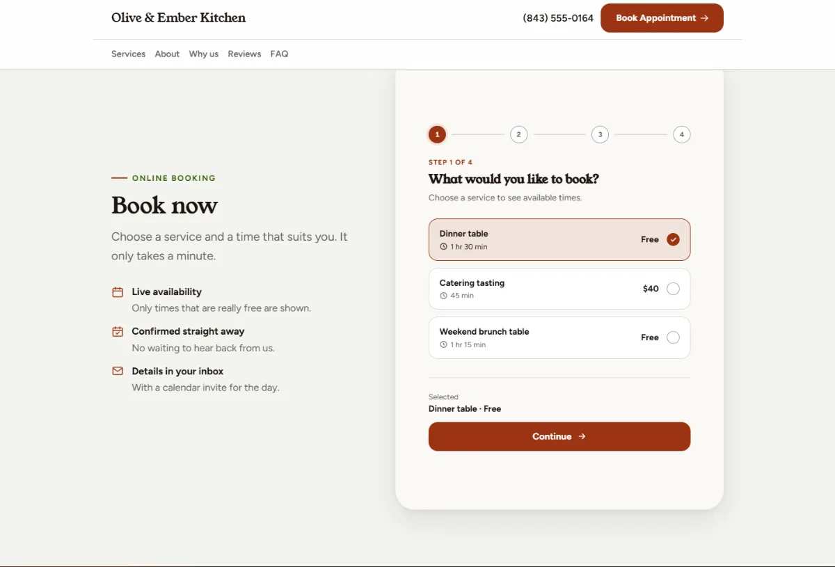 Online booking form on the Warm restaurant website template: customers choose a service, then a free time