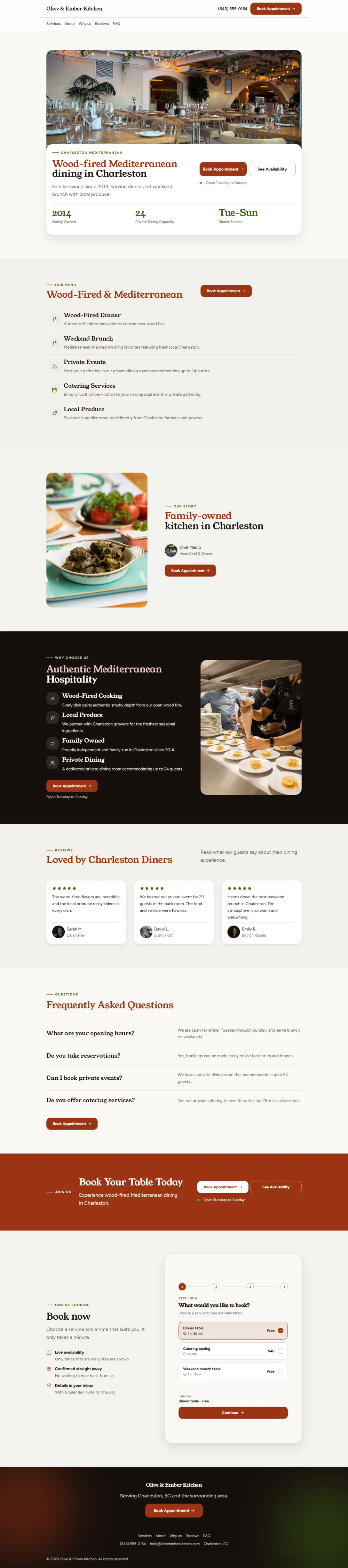 Warm restaurant website template, the whole home page: soft cards and warm colours under a wide photo