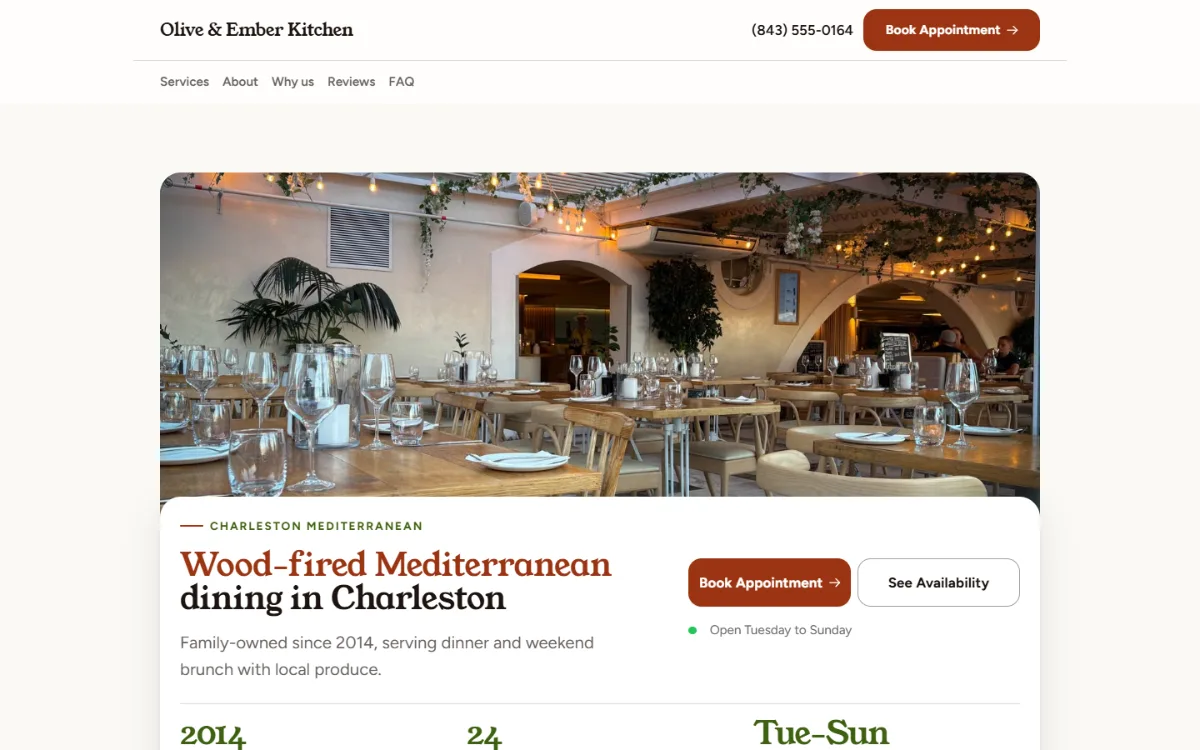 Warm restaurant website template: soft cards and warm colours under a wide photo