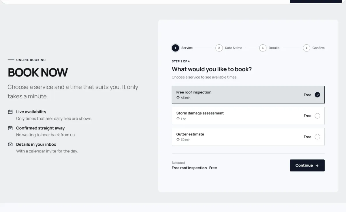 Online booking form on the Bold roofing website template: customers choose a service, then a free time