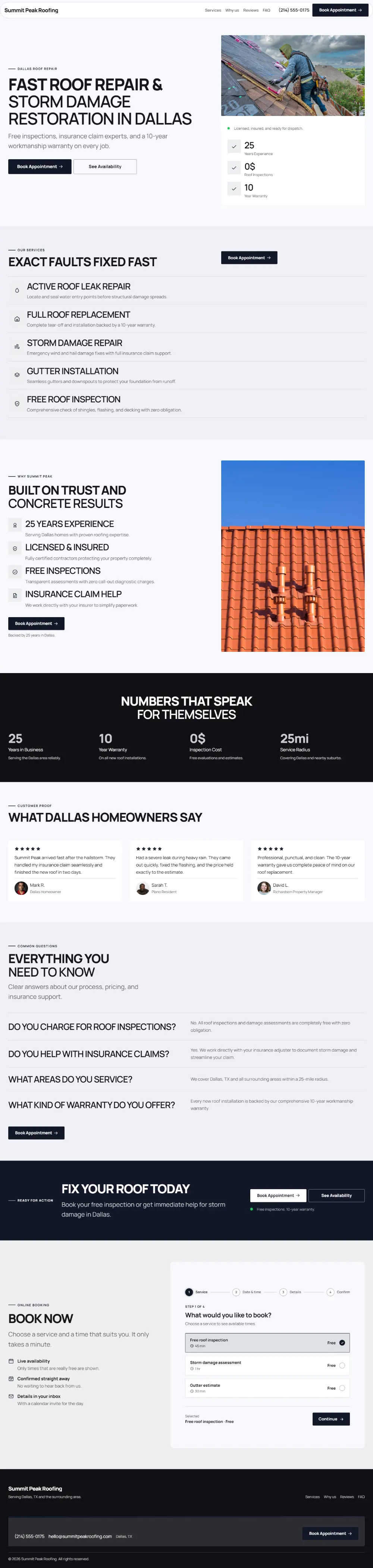 Bold roofing website template, the whole home page: a dark first screen, big capital headlines and one loud accent colour
