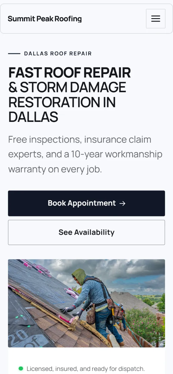 Bold roofing website template on a phone: a dark first screen, big capital headlines and one loud accent colour