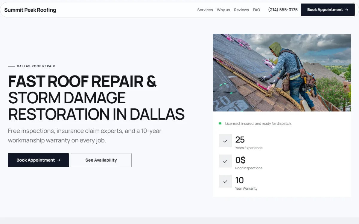 Bold roofing website template: a dark first screen, big capital headlines and one loud accent colour
