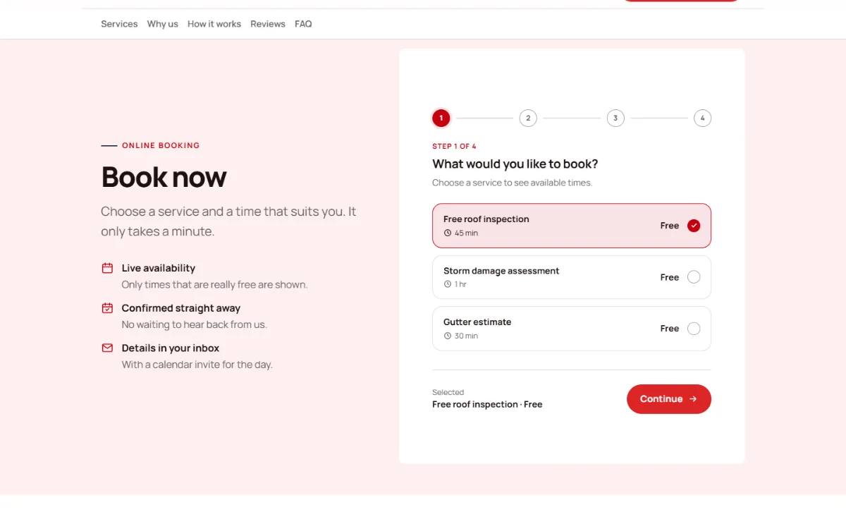 Online booking form on the Bright roofing website template: customers choose a service, then a free time