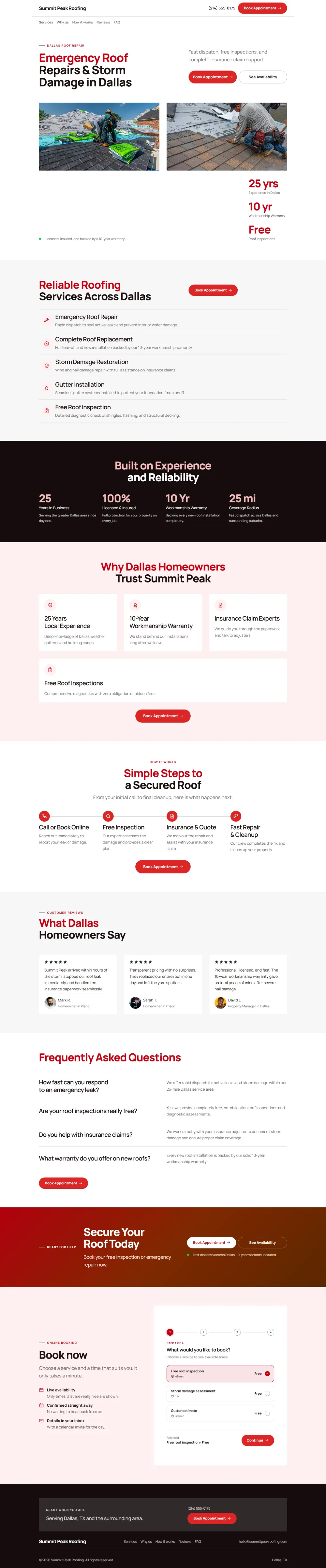 Bright roofing website template, the whole home page: light and airy, with two photos under the headline