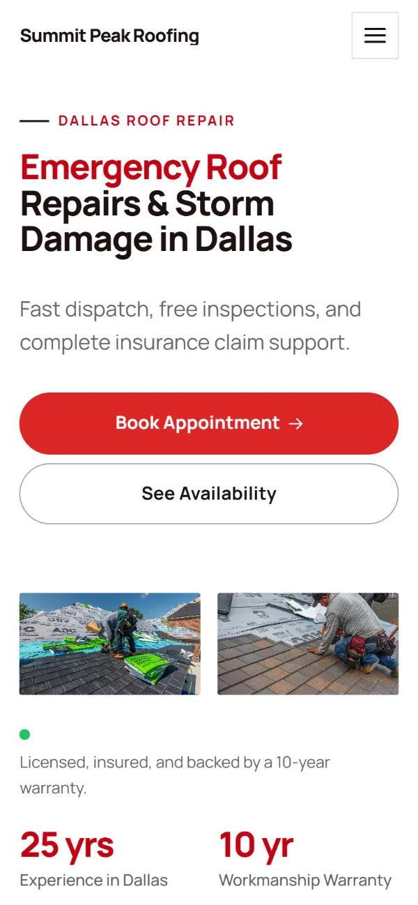 Bright roofing website template on a phone: light and airy, with two photos under the headline