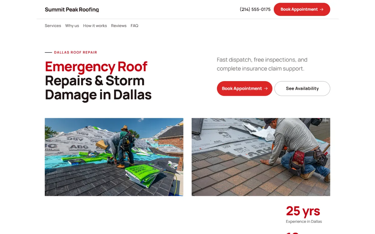 Bright roofing website template: light and airy, with two photos under the headline