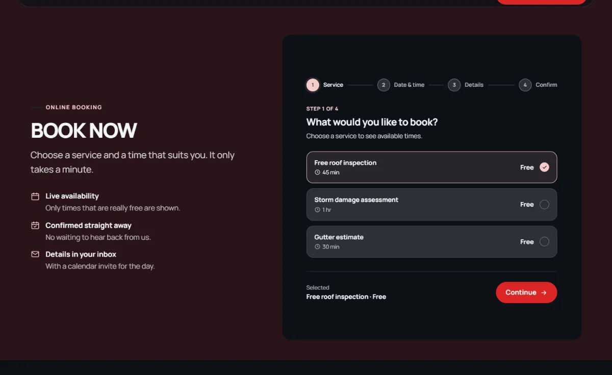 Online booking form on the Dark roofing website template: customers choose a service, then a free time