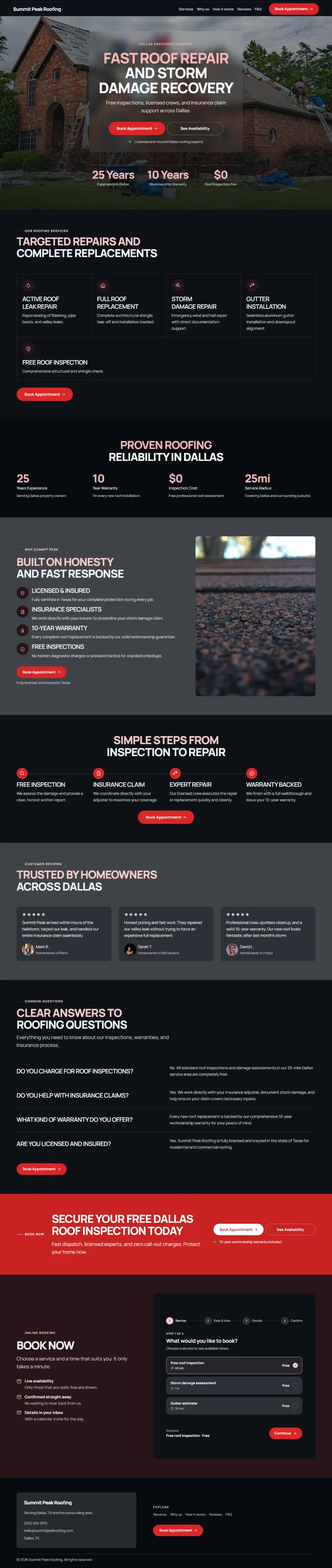 Dark roofing website template, the whole home page: dark mode throughout, with a glass card over the photo