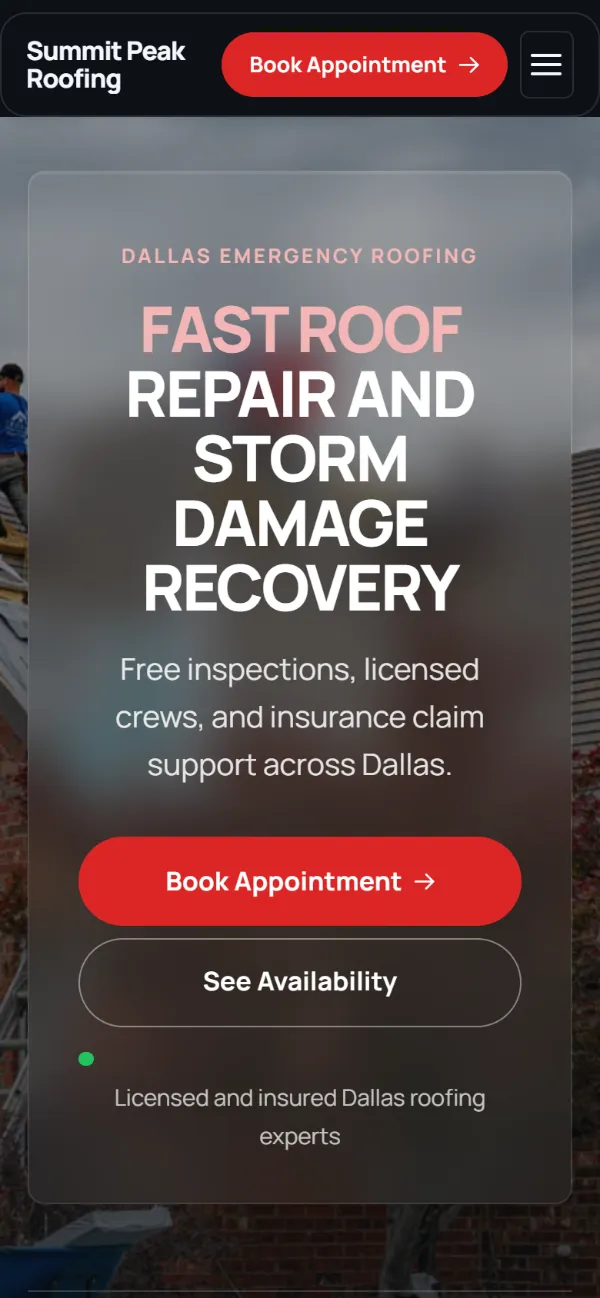 Dark roofing website template on a phone: dark mode throughout, with a glass card over the photo