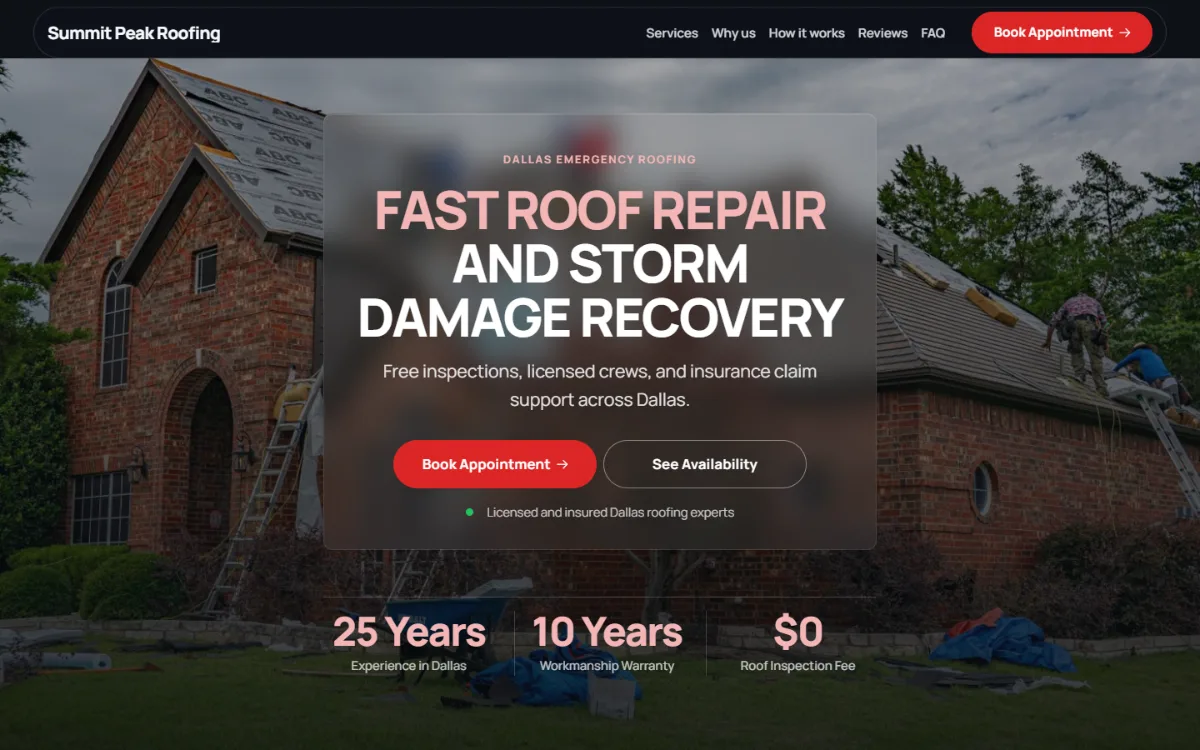 Dark roofing website template: dark mode throughout, with a glass card over the photo