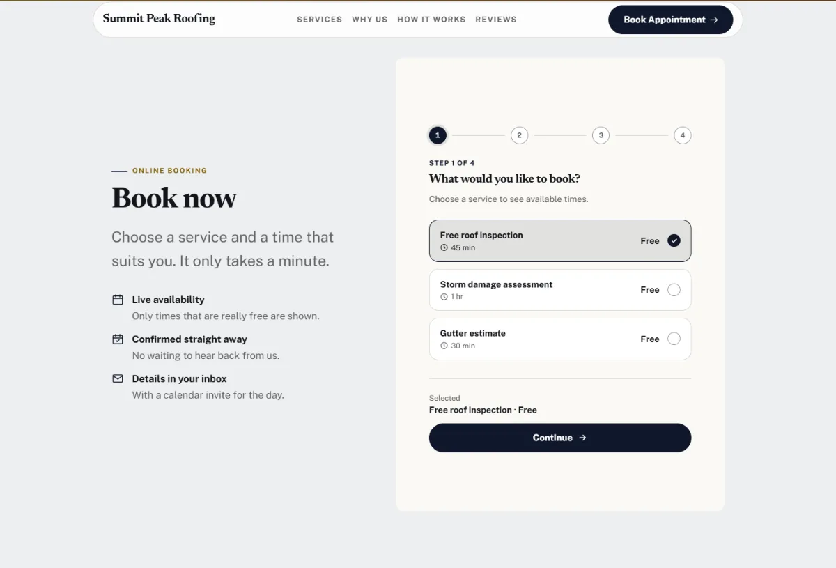 Online booking form on the Luxury roofing website template: customers choose a service, then a free time