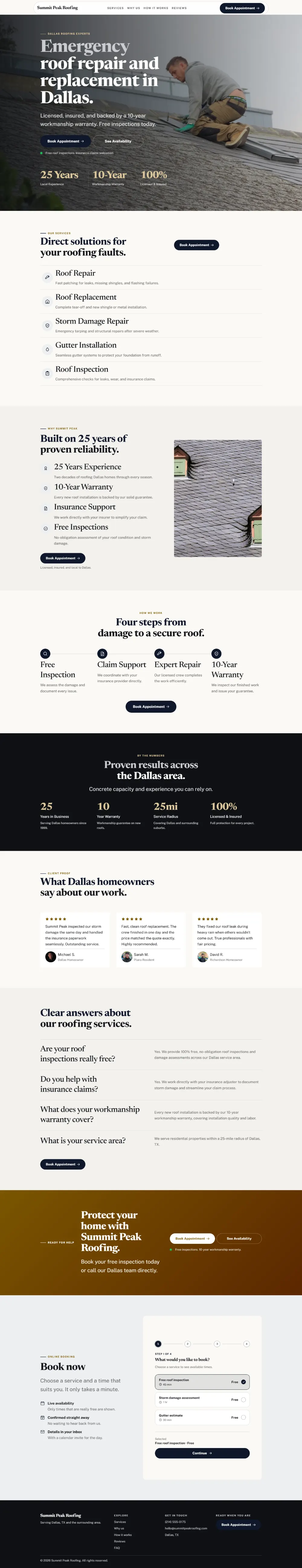 Luxury roofing website template, the whole home page: dark and understated, with a serif headline over a full-width photo