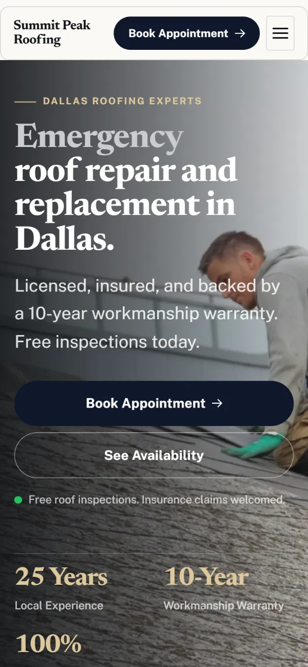 Luxury roofing website template on a phone: dark and understated, with a serif headline over a full-width photo