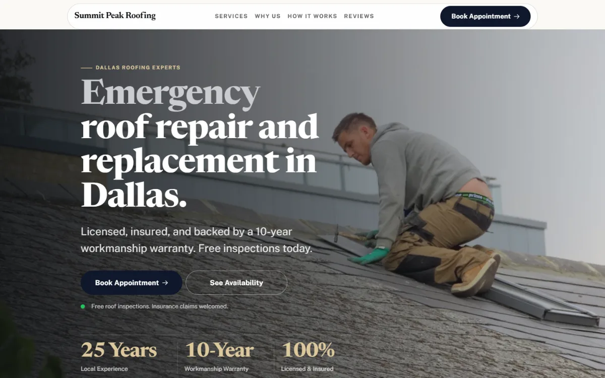 Luxury roofing website template: dark and understated, with a serif headline over a full-width photo