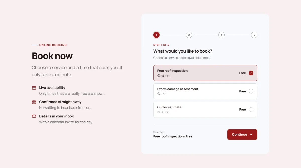 Online booking form on the Professional roofing website template: customers choose a service, then a free time