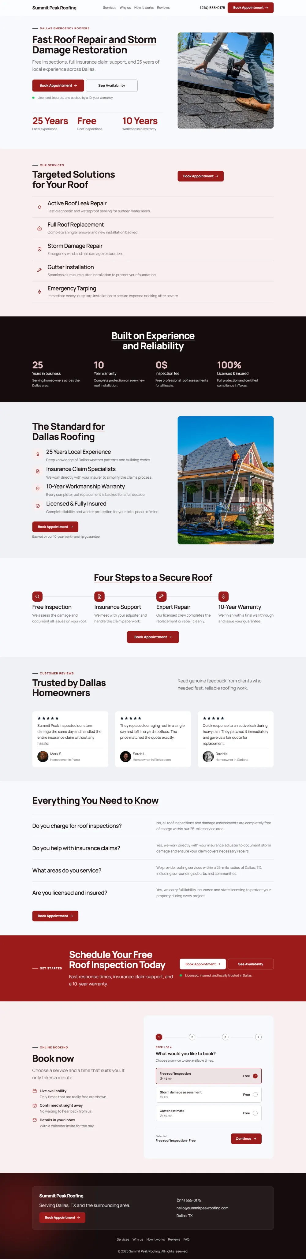 Professional roofing website template, the whole home page: clean and structured, with a photo beside the headline