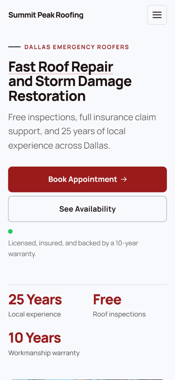 Professional roofing website template on a phone: clean and structured, with a photo beside the headline