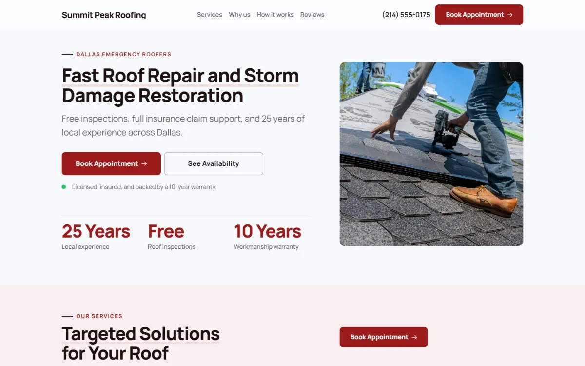 Professional roofing website template: clean and structured, with a photo beside the headline