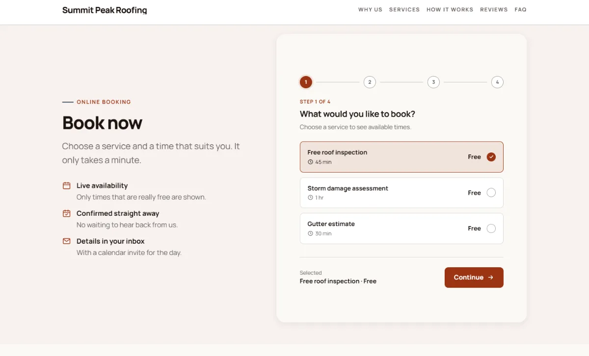 Online booking form on the Warm roofing website template: customers choose a service, then a free time