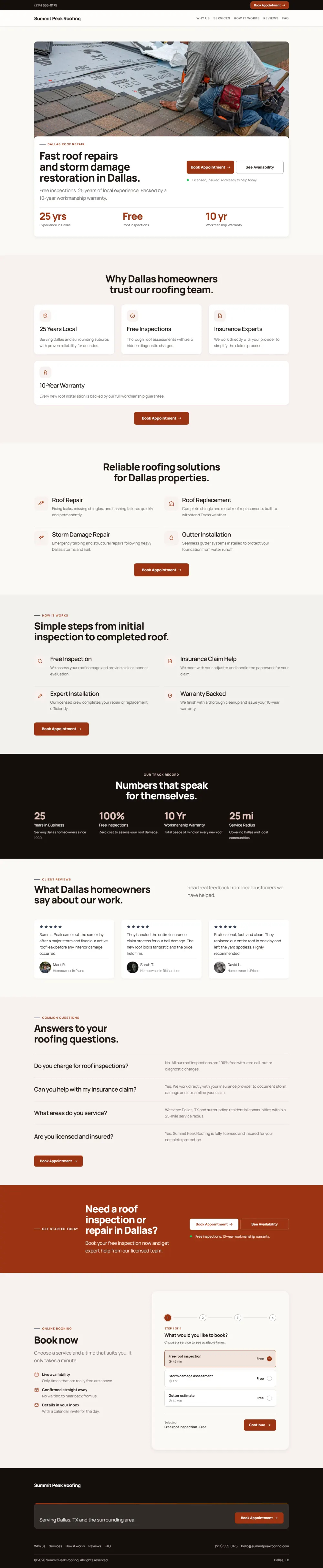 Warm roofing website template, the whole home page: soft cards and warm colours under a wide photo