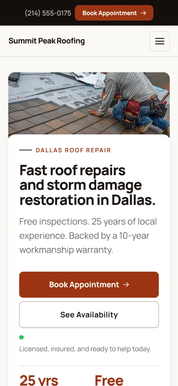 Warm roofing website template on a phone: soft cards and warm colours under a wide photo