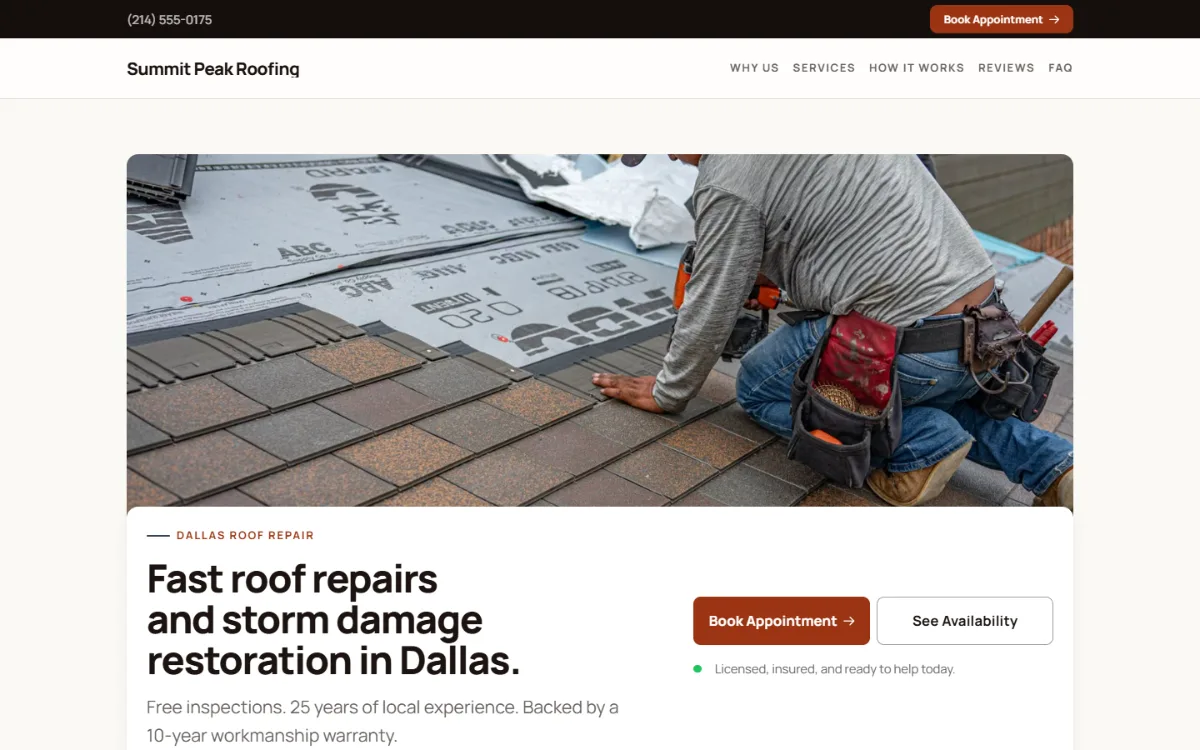 Warm roofing website template: soft cards and warm colours under a wide photo