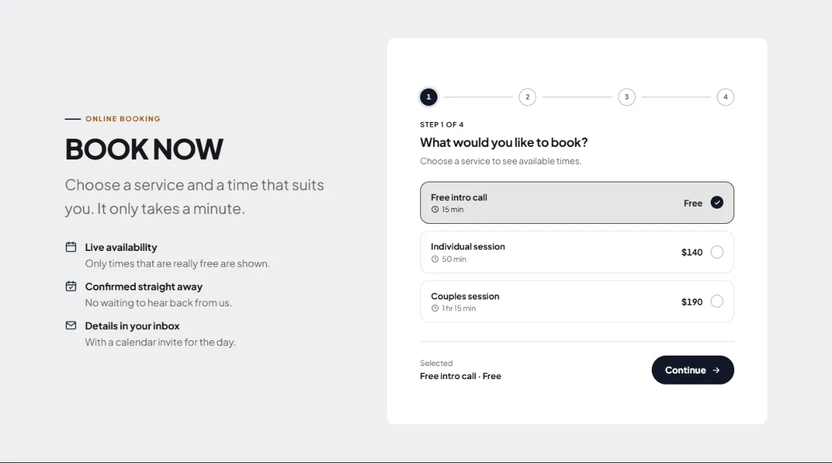 Online booking form on the Bold therapist website template: customers choose a service, then a free time