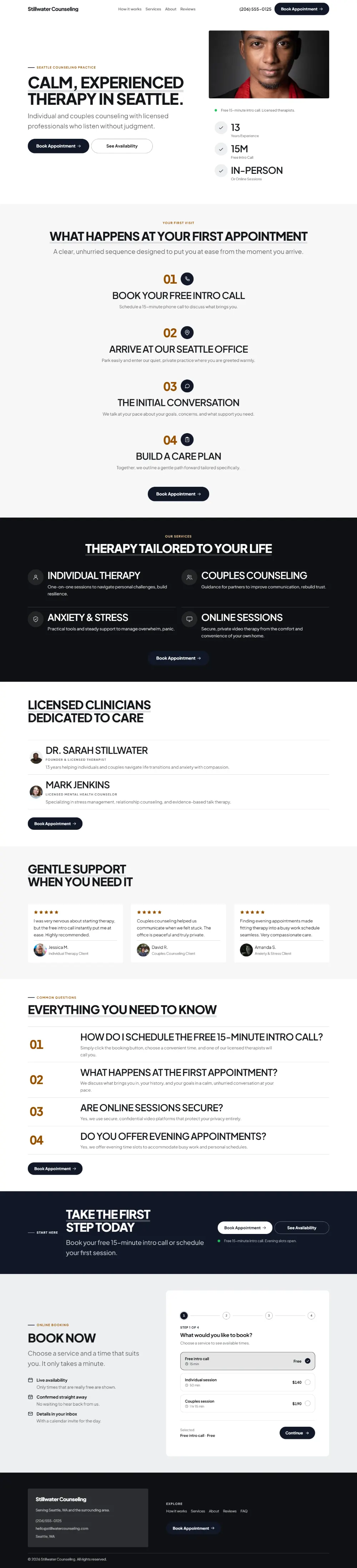 Bold therapist website template, the whole home page: a dark first screen, big capital headlines and one loud accent colour
