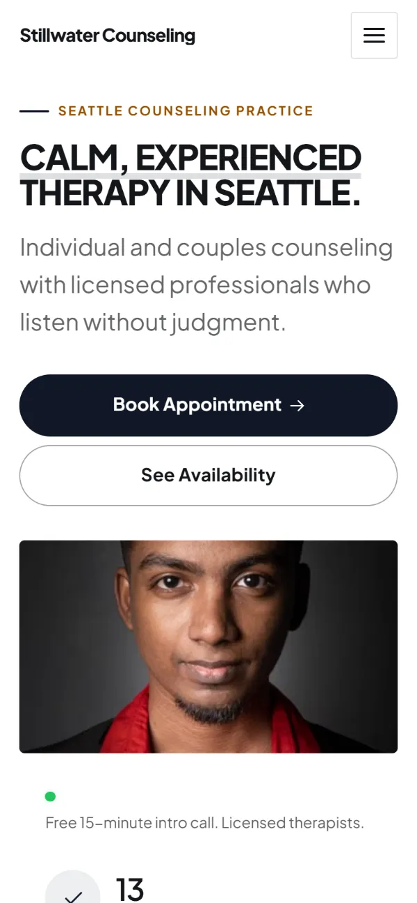 Bold therapist website template on a phone: a dark first screen, big capital headlines and one loud accent colour
