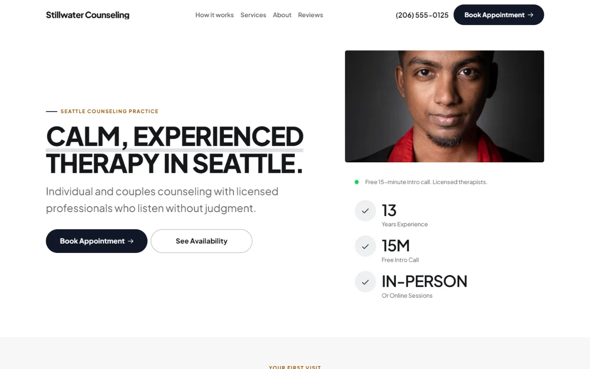 Bold therapist website template: a dark first screen, big capital headlines and one loud accent colour