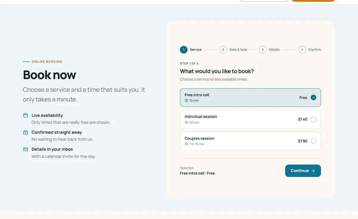 Online booking form on the Bright therapist website template: customers choose a service, then a free time