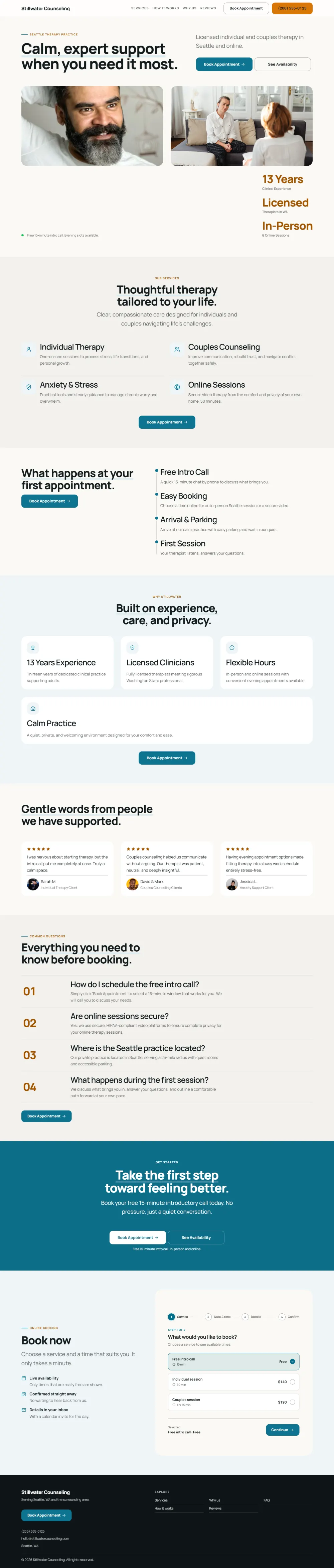 Bright therapist website template, the whole home page: light and airy, with two photos under the headline