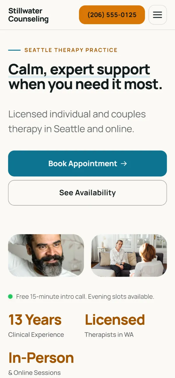 Bright therapist website template on a phone: light and airy, with two photos under the headline