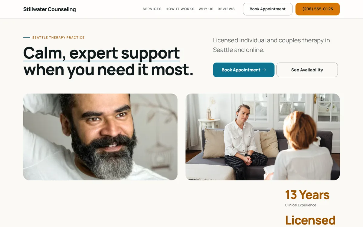 Bright therapist website template: light and airy, with two photos under the headline