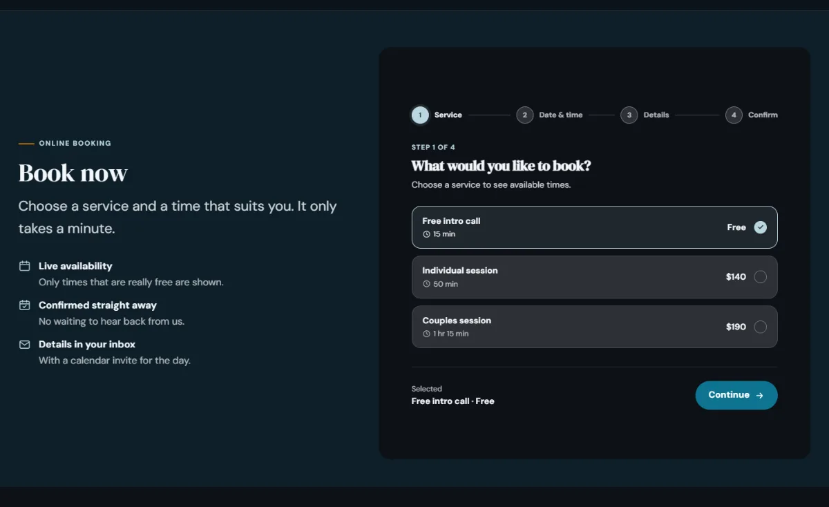 Online booking form on the Dark therapist website template: customers choose a service, then a free time