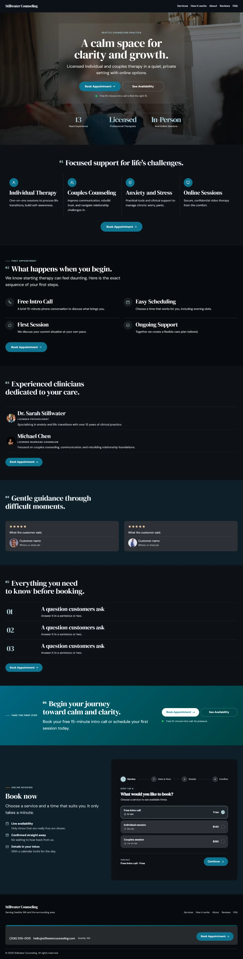Dark therapist website template, the whole home page: dark mode throughout, with a glass card over the photo