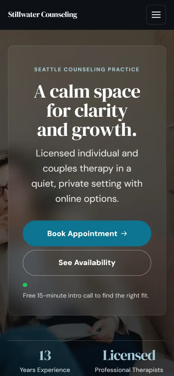 Dark therapist website template on a phone: dark mode throughout, with a glass card over the photo
