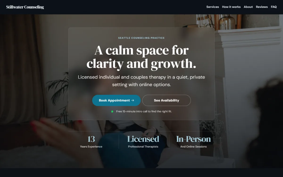 Dark therapist website template: dark mode throughout, with a glass card over the photo