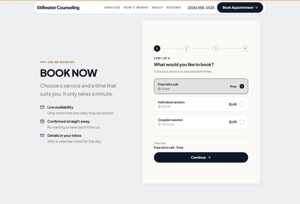 Online booking form on the Luxury therapist website template: customers choose a service, then a free time