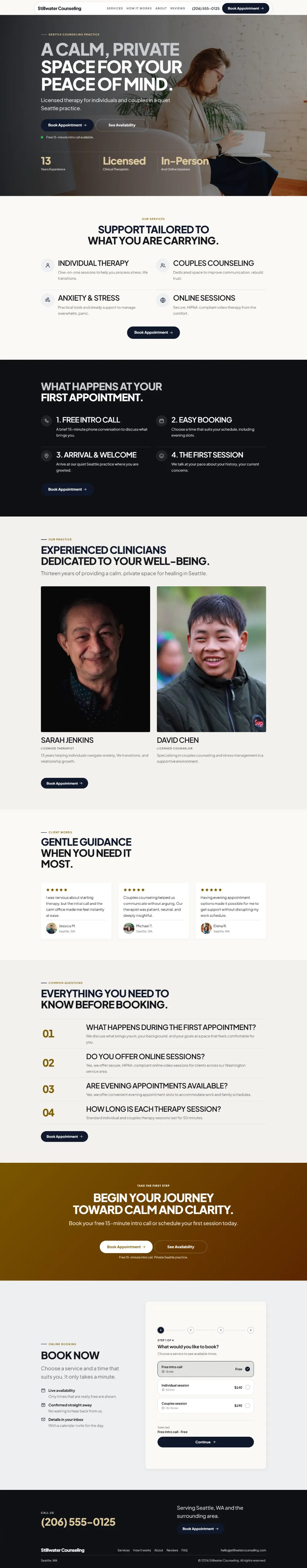 Luxury therapist website template, the whole home page: dark and understated, with a serif headline over a full-width photo