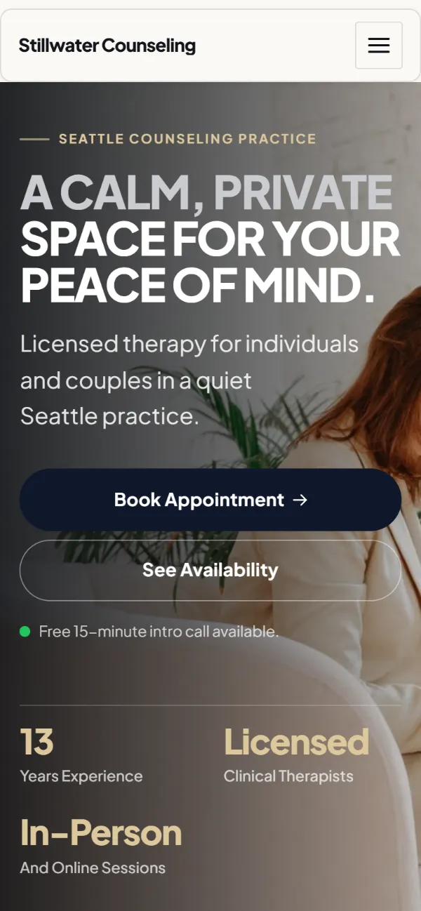 Luxury therapist website template on a phone: dark and understated, with a serif headline over a full-width photo