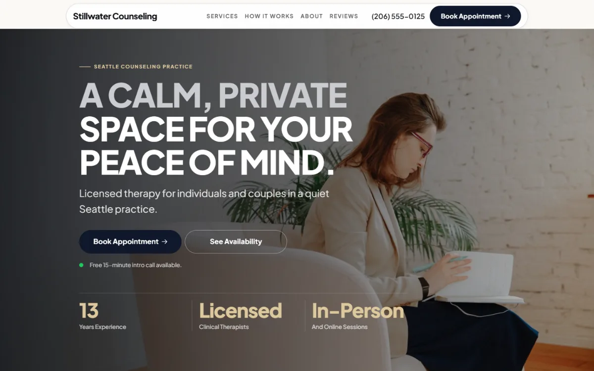 Luxury therapist website template: dark and understated, with a serif headline over a full-width photo