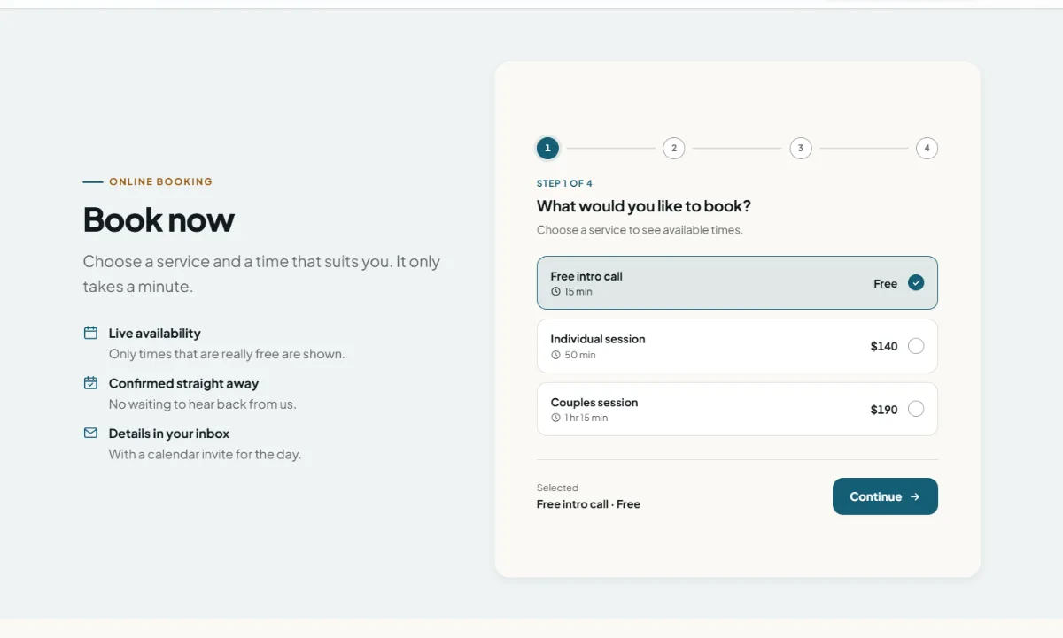 Online booking form on the Professional therapist website template: customers choose a service, then a free time