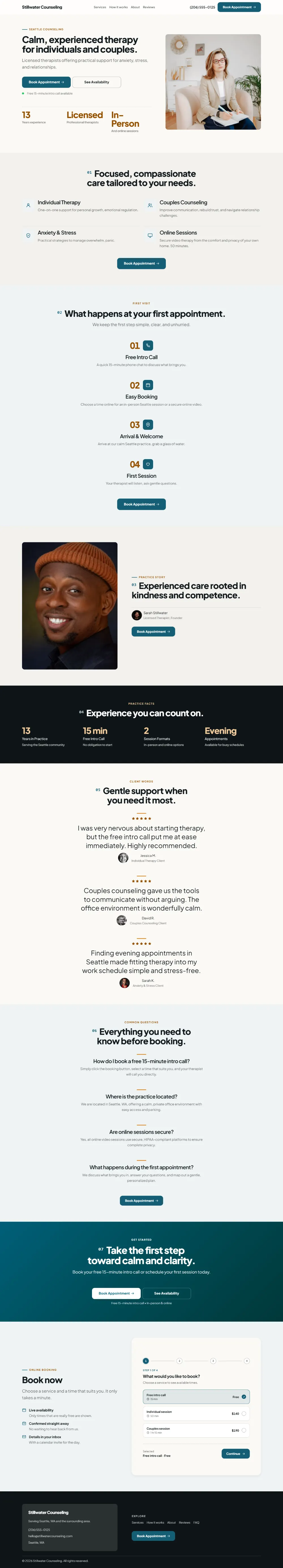 Professional therapist website template, the whole home page: clean and structured, with a photo beside the headline